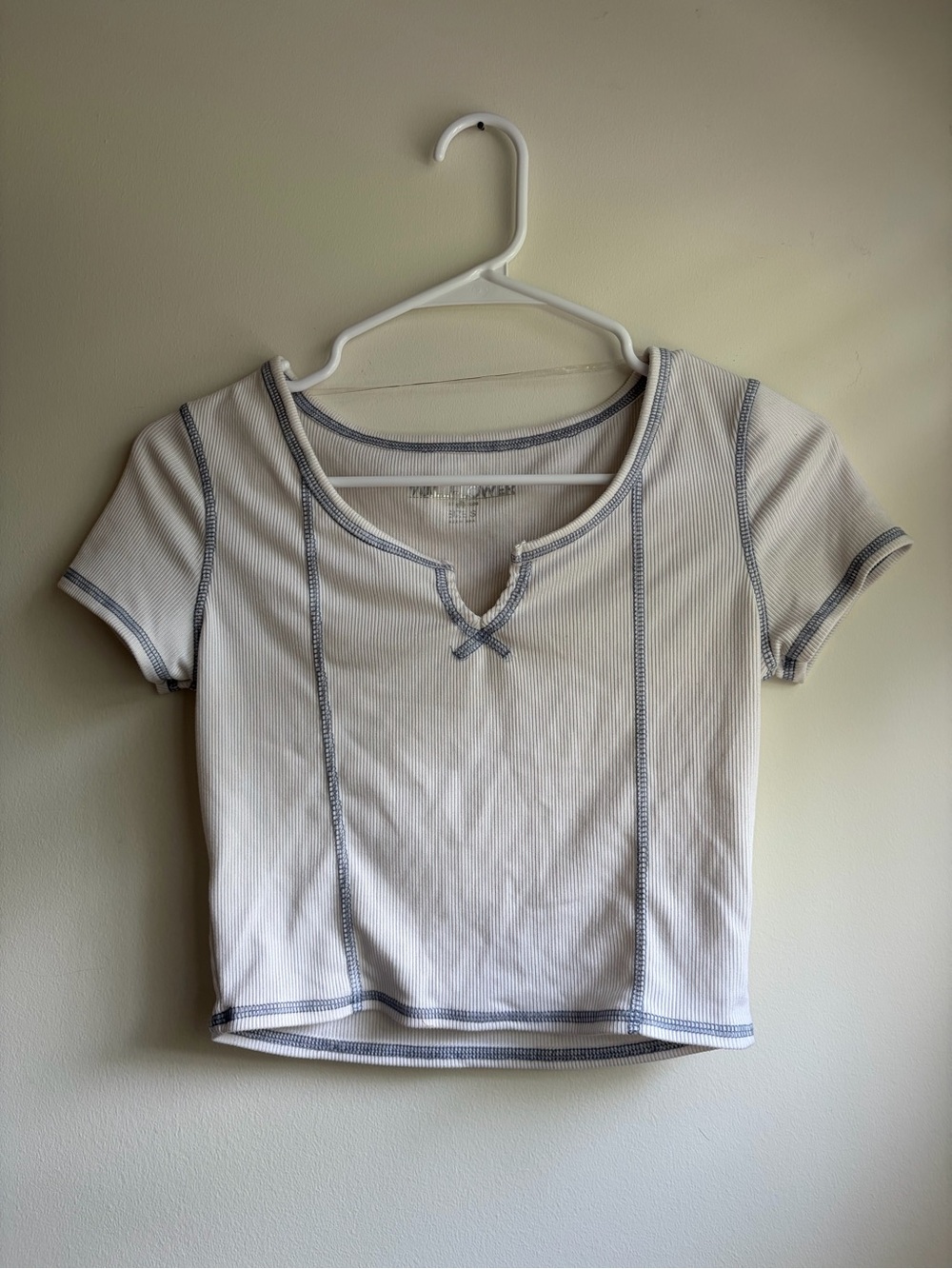 WallFlower White Ribbed Paneled Contrast Stitch Crop Top Notch Neck Babydoll